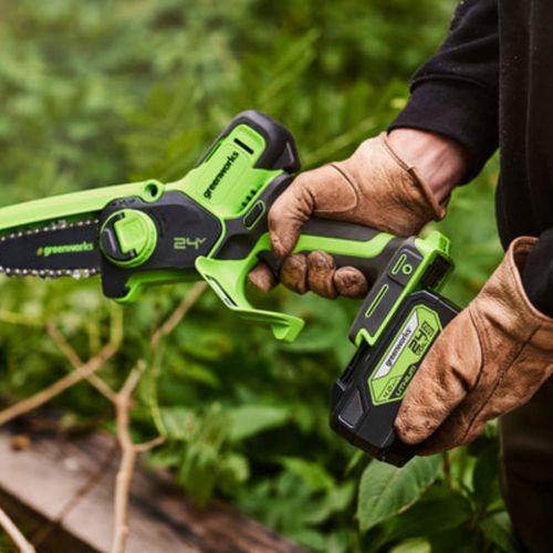 מסור שרשרת מיני Greenworks G24MCS10K2 24V Brushless - כלי נטען קומפקטי עם להב 10 ס