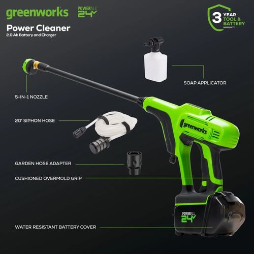 מכונת שטיפה בלחץ נטענת Greenworks PC24B220CO 24V 600 PSI - מבט על רקע לבן עם ראש ריסוס מתכוונן וצינור שאיבה לשטיפת רכב וריהוט גן