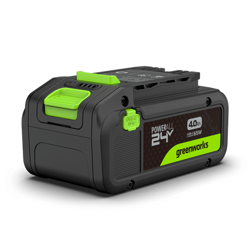 סוללה נטענת Greenworks PA400T 24V 4Ah עם יציאת USB-C דו כיוונית וטכנולוגיית TABLESS - מבט על רקע לבן המציג את העיצוב הקומפקטי ונוריות LED