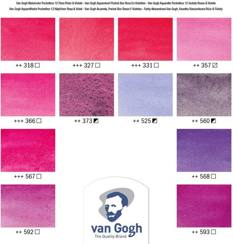 מארז 12 קוביות צבעי מים בגווני ורודים PINKַ VIOLETS ומכחול (Van Gogh) בקופסת פלסטיק