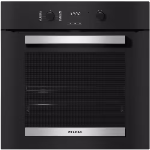 תנור בנוי פירוליטי Miele H 2455 BP Active בגוון שחור אובסידיאן יוקרתי עם צג דיגיטלי ובוררים נשלפים.