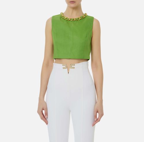 Linen-blend top with jewel chain