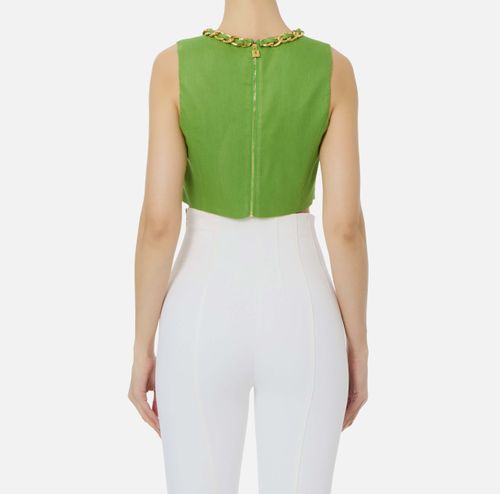 Linen-blend top with jewel chain