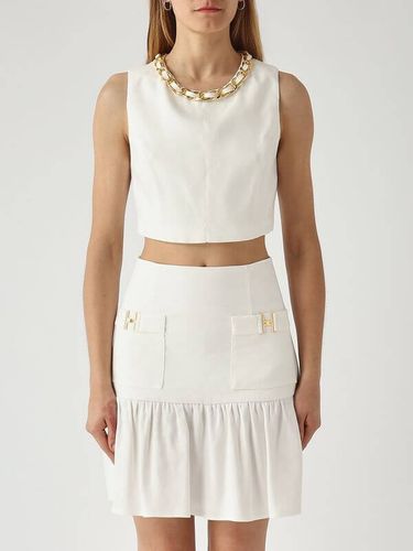 Linen-blend top with jewel chain