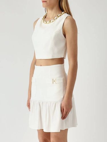 Linen-blend top with jewel chain