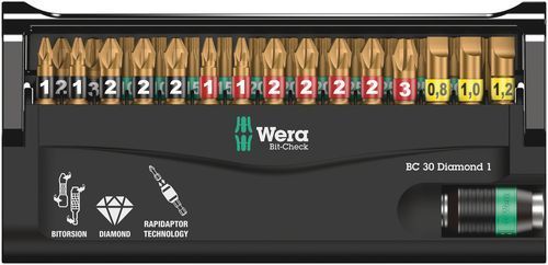 סט ביטים 1/4 יהלום מוזהב 30 יח' במתקן Bit-Check 30 DIAMOND מבית WERA