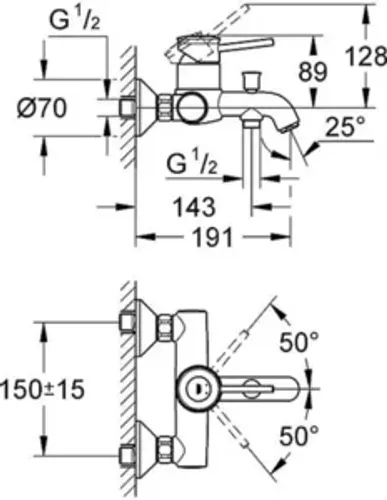 סוללה חיצונית לאמבט באו קלאסיק BAUCLASSIC כרום GROHE - גרואה 32865000 GROHE גרואה
