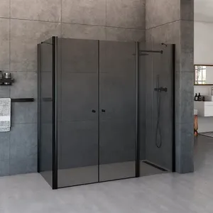 מקלחון פינתי דופן קבועה ו2 דלתות + דופן צד קבועה זכוכית אפורה טמפל 75-220 ס"מ שחור מט DorRaphael