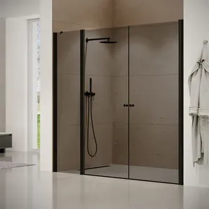 מקלחון חזית 2 דלתות על ציר + דופן קבועה זכוכית אפורה קאטרו 161-195 ס"מ שחור מט DorRaphael