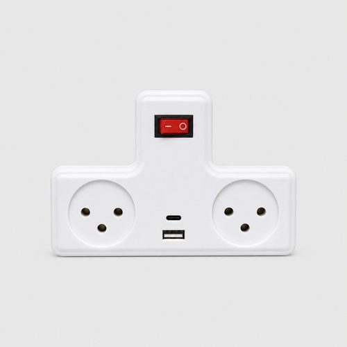 מפצל חשמל T עם 2 שקעים וחיבור TYPE C + USB ומפסק