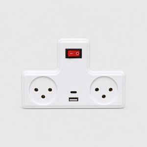 מפצל חשמל T עם 2 שקעים וחיבור TYPE C + USB ומפסק
