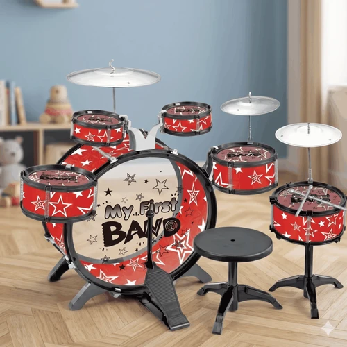 מערכת תופים לילדים My First Band כולל כיסא ומקלות - צבע אדום 