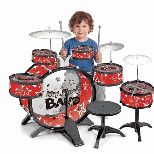 מערכת תופים לילדים My First Band כולל כיסא ומקלות - צבע אדום 