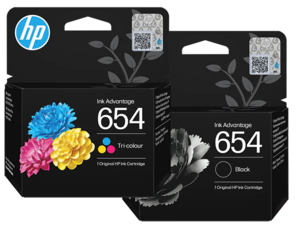 זוג ראשי דיו שחור וצבע מקוריים HP 654 7FP38UE+7FP39UE