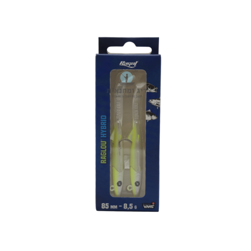 אריזת זוג דמויי דג סיליקון Ragot Raglou Hybrid צבע גב צהוב בטן לבנה 85 מ