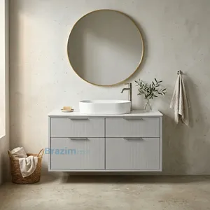 ארון תלוי אופל MDF פסים 4 מגירות וכיור מונח לבן