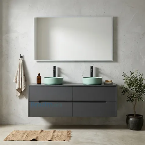 ארון אמבטיה תלוי ויז'ן MDF אפור כהה עם 4 מגירות אינטגרליות ושני כיורים מונחים ירוקים.
