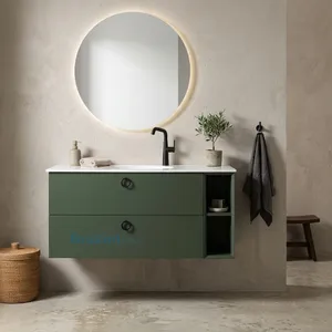 ארון תלוי MDF ירוק זית סאטן 2 מגירות ומדפים פתוחים