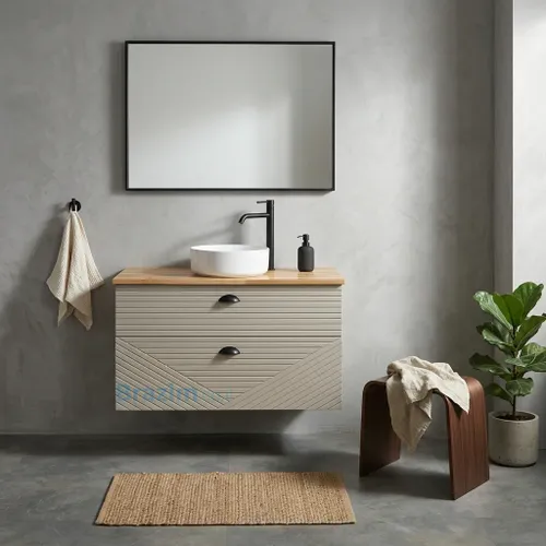 ארון אמבטיה תלוי אמטיסט MDF בז' עם 2 מגירות מעוצבות, משטח עץ וכיור מונח לבן.