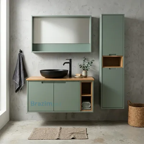ארון אמבטיה תלוי כרמל MDF ירוק זית ומשטח עץ עם כיור מונח שחור ושתי דלתות.