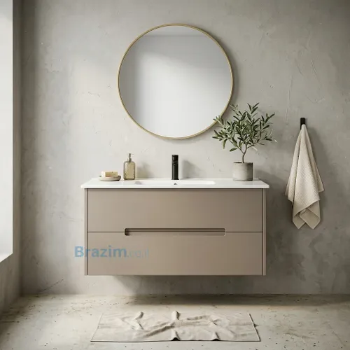 ארון אמבטיה תלוי גולן, MDF חום-אפרפר מט, עם שתי מגירות אינטגרליות וכיור לבן.