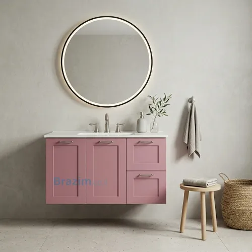 ארון אמבטיה תלוי ירדן ורוד עתיק, MDF, 2 דלתות, 2 מגירות, כיור אינטגרלי לבן