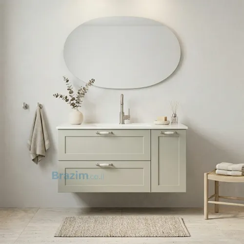 ארון אמבטיה תלוי ליאו, MDF ירוק מרווה מט, שתי מגירות ודלת, כיור אינטגרלי לבן.