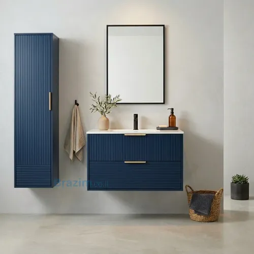 ארון אמבטיה תלוי מאיה, עשוי MDF כחול כהה עם 2 מגירות, חזית פסים וכיור אינטגרלי לבן.
