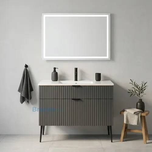 ארון אמבטיה עומד מקס, MDF אפור מט עם פסים אנכיים, 2 מגירות, כיור אינטגרלי לבן.