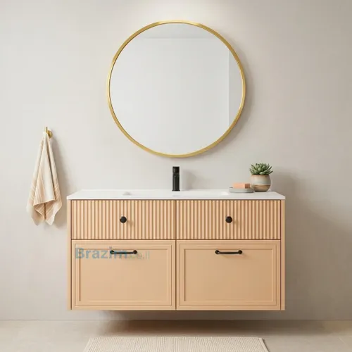 ארון אמבטיה תלוי רומי, MDF אפרסק, 2 מגירות עליונות מפוספסות ו-2 דלתות תחתונות, כיור אינטגרלי לבן.