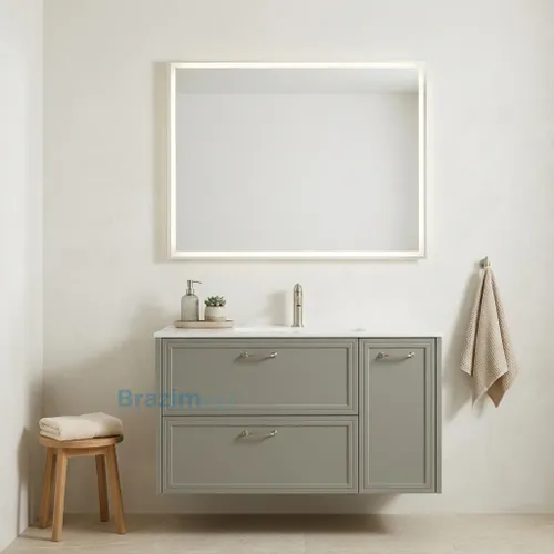 ארון אמבטיה תלוי פיירפלי MDF אפור כהה, 2 מגירות ודלת עם כיור אינטגרלי לבן.
