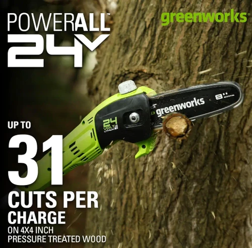 מסור גבהים נטען 24V Greenworks עם להב 8 אינץ' לחיתוך ענפים, מערכת שימון אוטומטית וביצועים של עד 31 חיתוכים בטעינה אחת
