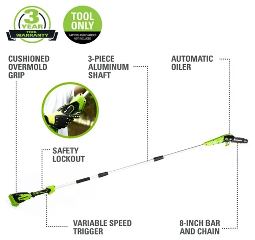 מסור גבהים נטען Greenworks 24V עם מוט אלומיניום 3 חלקים, להב 20 ס