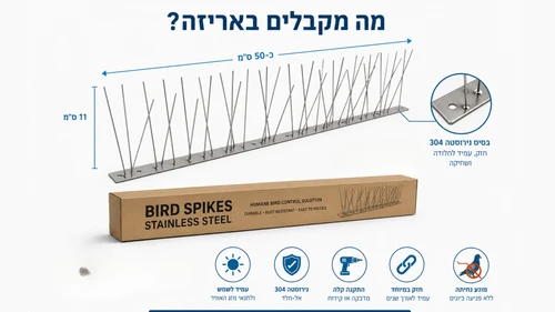 ערכת דוקרנים נגד יונים עם בסיס נירוסטה כולל מידות ואפשרויות התקנה