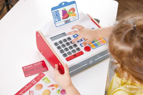 קופה רושמת אינטראקטיבית מעץ לילדים עם סורק ומחשבון סולארי