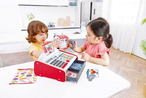 קופה רושמת אינטראקטיבית מעץ לילדים עם סורק ומחשבון סולארי