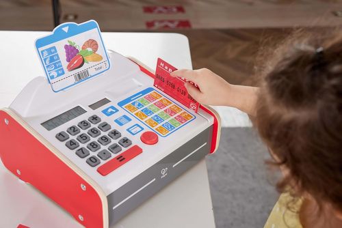 קופה רושמת אינטראקטיבית מעץ לילדים עם סורק ומחשבון סולארי