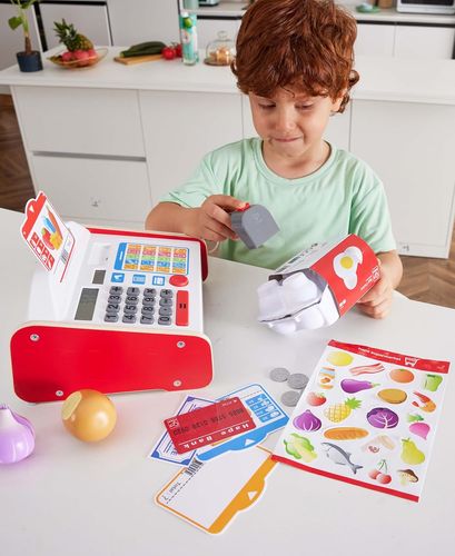 קופה רושמת אינטראקטיבית מעץ לילדים עם סורק ומחשבון סולארי