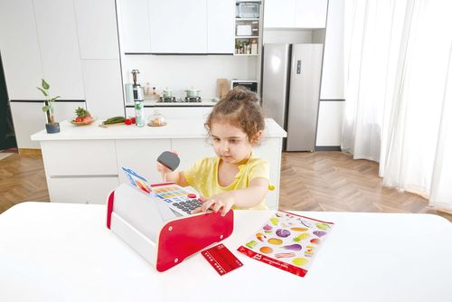 קופה רושמת אינטראקטיבית מעץ לילדים עם סורק ומחשבון סולארי