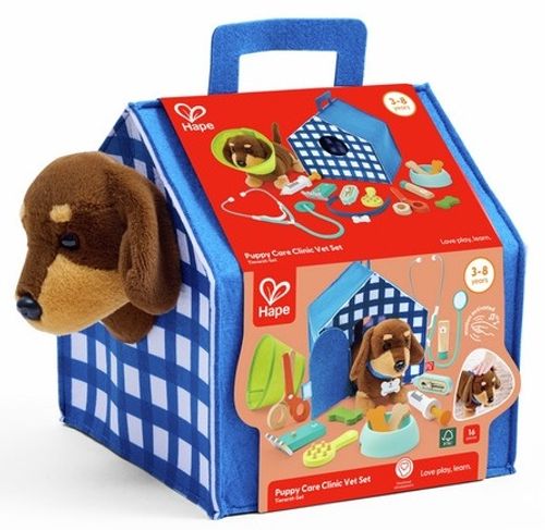 ערכת וטרינר וטיפוח מעץ לילדים ועם גור כלבים אינטראקטיבי, מלונה ואביזרים 16 חלקים