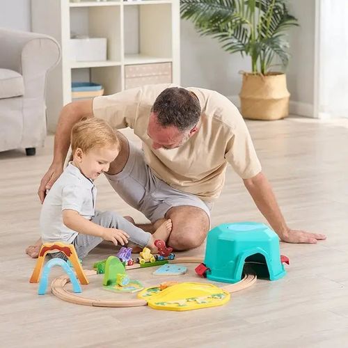 ערכת רכבת דינוזאורים עם אפקטים קוליים ודלי אחסון 27 חלקים