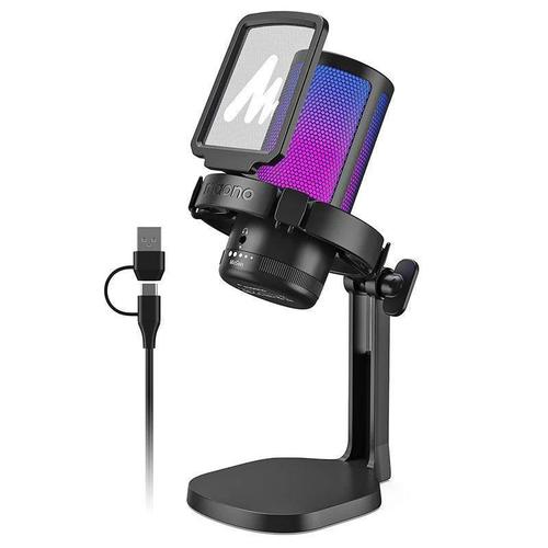 מיקרופון לגיימינג בחיבור USB למחשב עם ביטול רעשים ותאורה RGB דגם MAONO DGM20