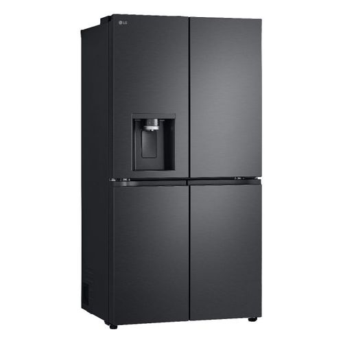 מקרר 4 דלתות LG דגם GR-730BDIS בגוון נירוסטה מושחרת עם קיוסק מים וקרח בחזית.