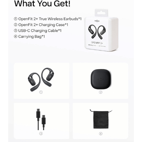אוזניות ספורט אלחוטיות צבע שחור Shokz OpenFit 2 Plus