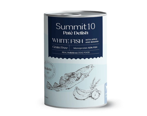 SUMMIT 10 שימור סאמיט 10 לכלב דג לבן עם תפוח ובננה 400 גרם