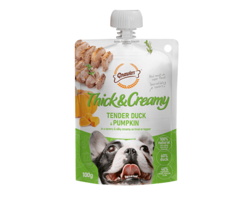 THICK&CREAMY GNAWLERS מחית בטעם ברווז ודלעת לכלב 100 גרם