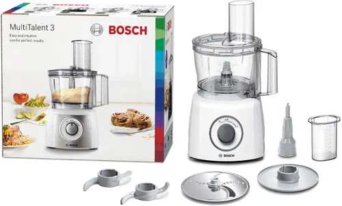 קערת מעבד המזון Bosch MCM3100W עם האביזרים המאוחסנים בתוכה בצורה חסכונית.