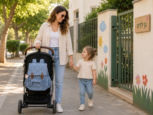 תיק גן לילדים בעיצוב רטרו תכלת מודפס עם תאים תרמיים לבקבוקים – 10 ליטר