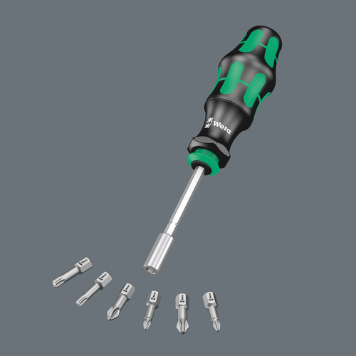 סט מברג לביטים Kraftform Kompakt 28 הכולל להב טלסקופי, ידית ארגונומית ומחסנית עם 6 ביטים.