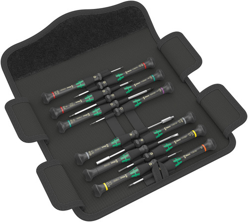 סט מברגים לאלקטרוניקה Kraftform Micro הכולל 12 חלקים בנרתיק חגורה.